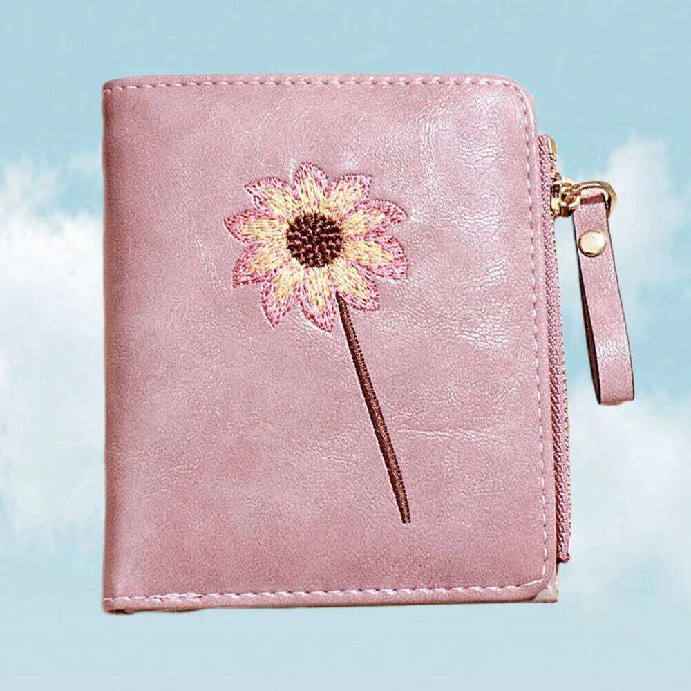 Pink Flower Pattern Bifold PU Wallet Zipper Purse for Women Multi Card Cash Holder Compact Design Birthday Gift Y260206