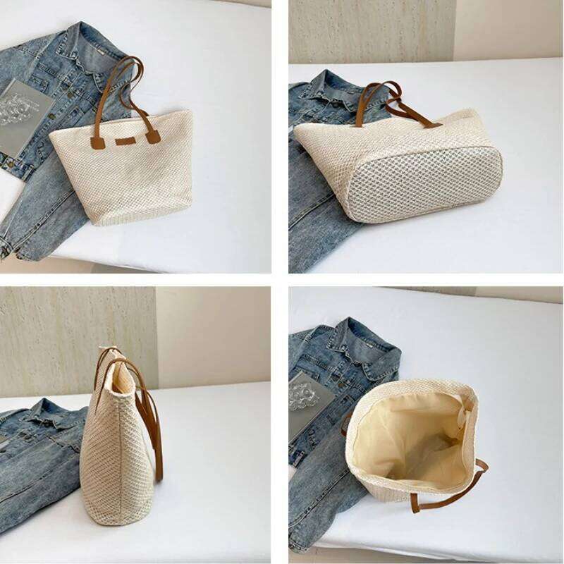 Portable Women's Beach Straw Bag Leisure Commuter Ladies Travel Shoulder Bags Solid Color Simple Female Large Capacity Handbag Y260205