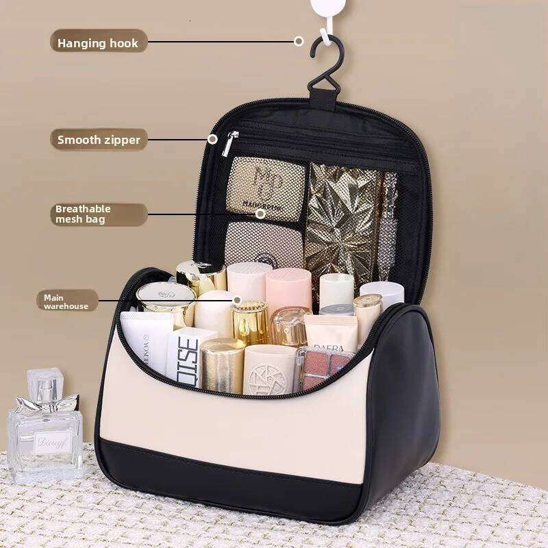 Women's PU Leather Hanging Makeup Bag Portable Travel Cosmetic Organizer Bathroom Toiletry Pouch with Handheld Design Y260206