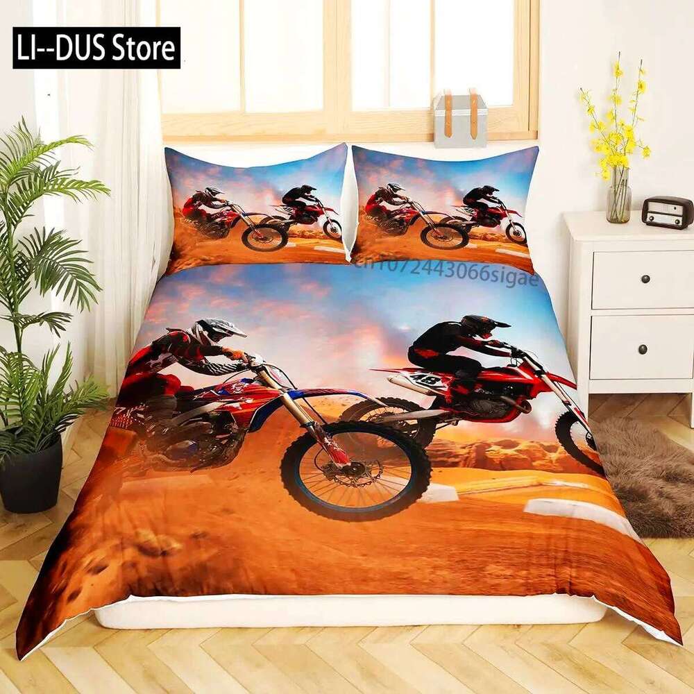 3pcs Cool Motorbike Bedding Set Dirt Bike Duvet Twin Motocross Rider Comforter Cover Extreme Sports For Boys Adults XJ260206