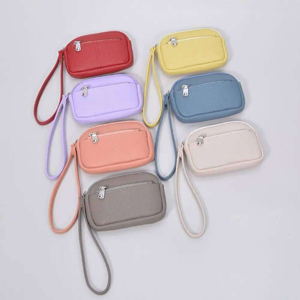 1Pc Portable PU Leather Women Mini Wallet Storage Solid Color Students Coin Purse Large capacity Zipper Wrist Key Bag Y260206