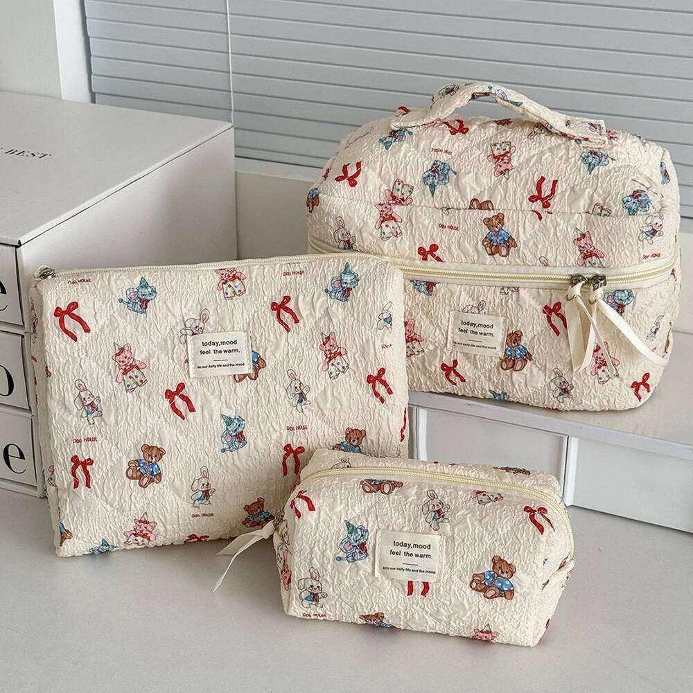Kawaii Cartoon Animals Women Quilted Large Capacity Cosmetic Toiletry Organizer Pouch 3 Type Ladies Zipper Makeup Bag Y260206