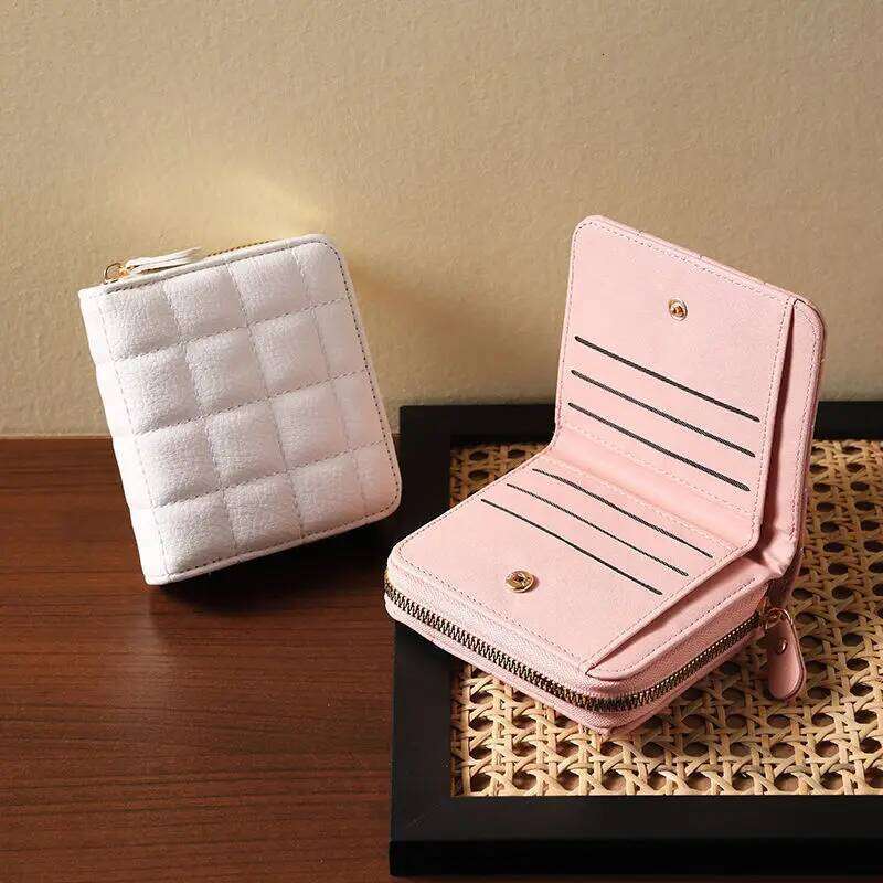 Women Fashion Zipper Wallet with Coin Purse PU Leather Plaid Purses Ladies Cute Mini Korean Version Small Card Pack New In Y260206