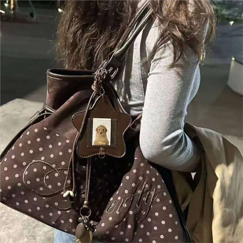 Sweet Harajuku Polka Dot Tote Women Embroidered Letter Large Capacity Shoulder Bag Ladies Drawstring Versatile Underarm Bags Y260205