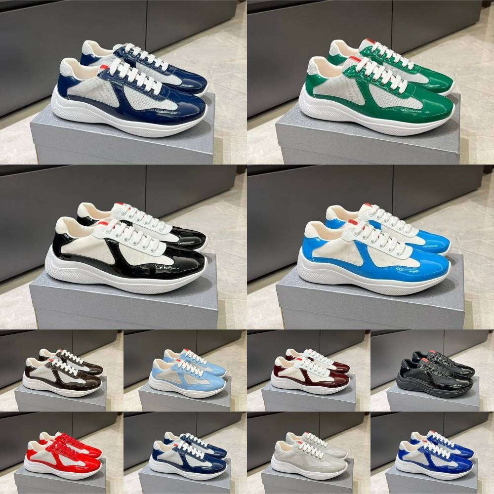 Designer Americas Cup Sports Casual Shoes Men Women Patent Leather And Technical Fabric Runner Flat Sneakers Black White Blue Red Rubber Sole Outdoor Brand Trainers