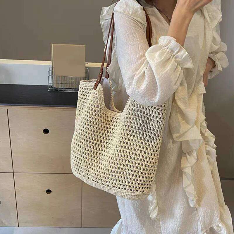 Summer Woven Straw Shoulder Travel Vacation Women Beach Bag Commuter Large Capacity Hollow Tote Bags Casual Ladies Handbags Y260205