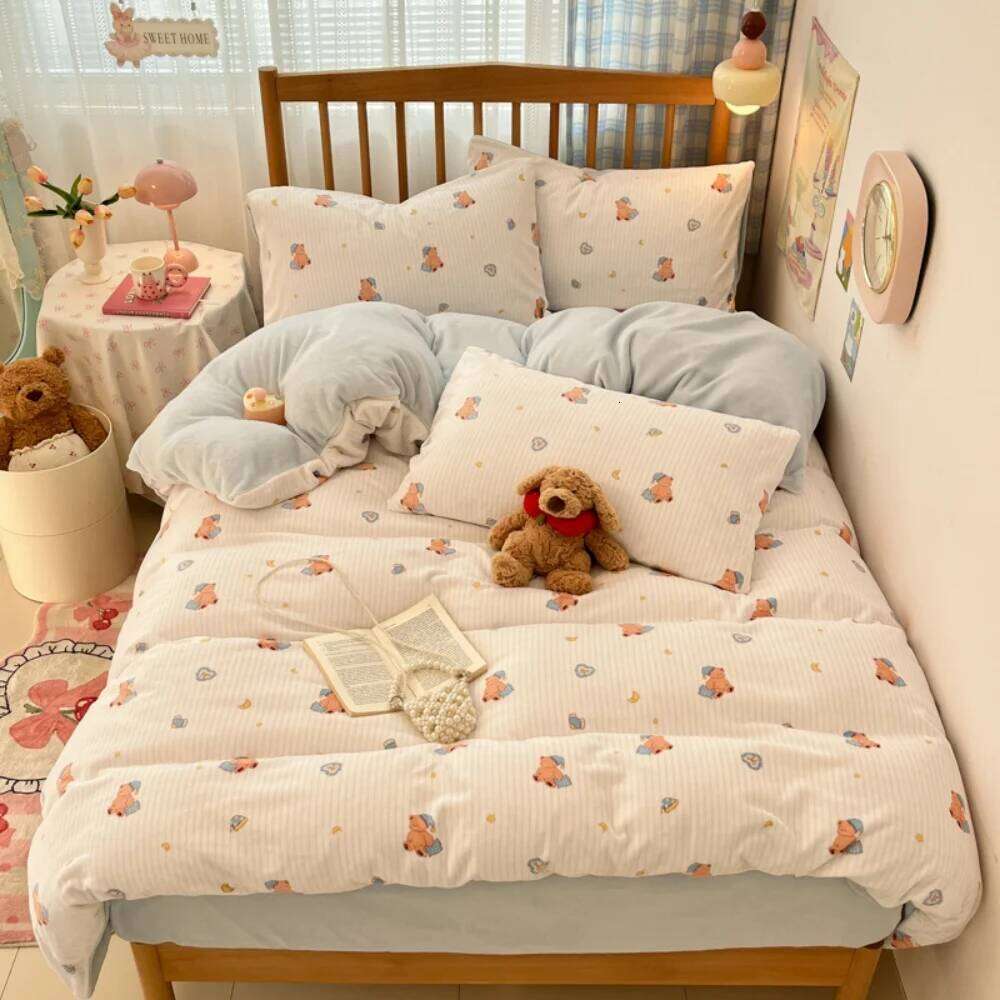 Printed Thicken Milk Coral Fleece Bedding Winter Comfort Warm Bedroom Decor Quilt Cover Bed Sheet Pillowcase Four-Piece Set XJ260206