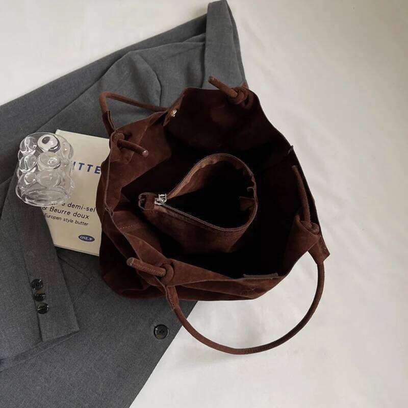 Retro Women's Suede Shoulder Bag New Solid Colors High Capacity Casual Tote Zippered Versatile Sewing Thread for Crafting Z260207 - view 7