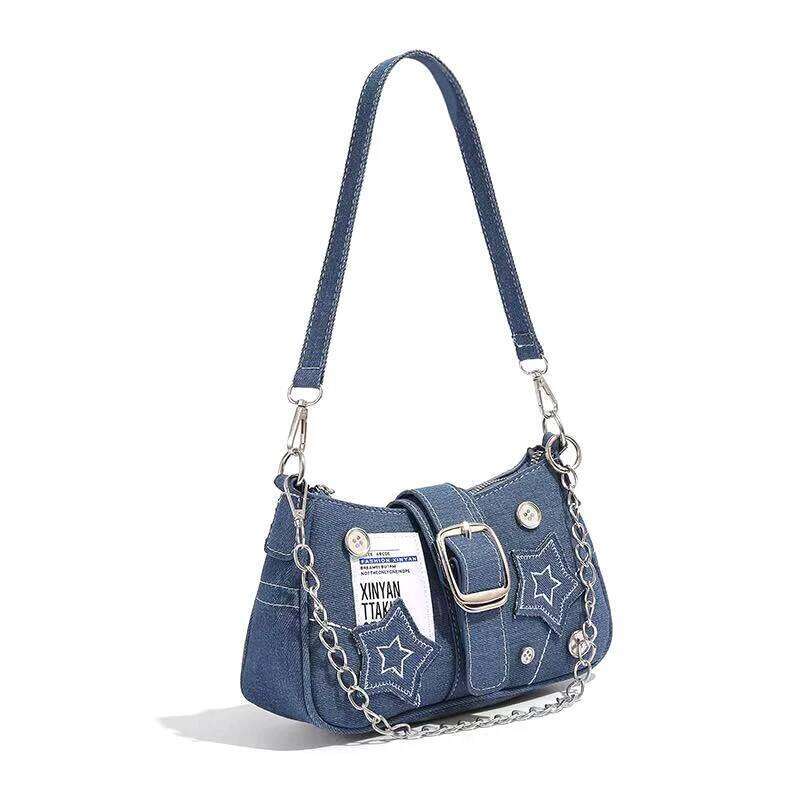 Fashion Women's Denim Stars Pattern Handbags Cool Girls Y2K Underarm Canvas Small Shoulder Chain Tote Bag Y260205