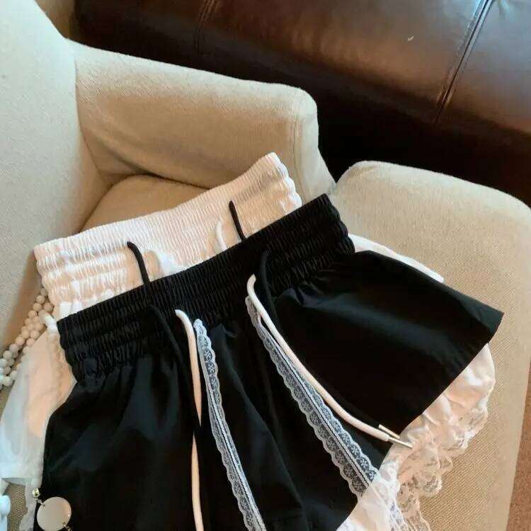 Women's Patchwork Fake Two-piece Lace High Elastic Waist Drawstring A-shaped Casual Shorts Pants XJ260206
