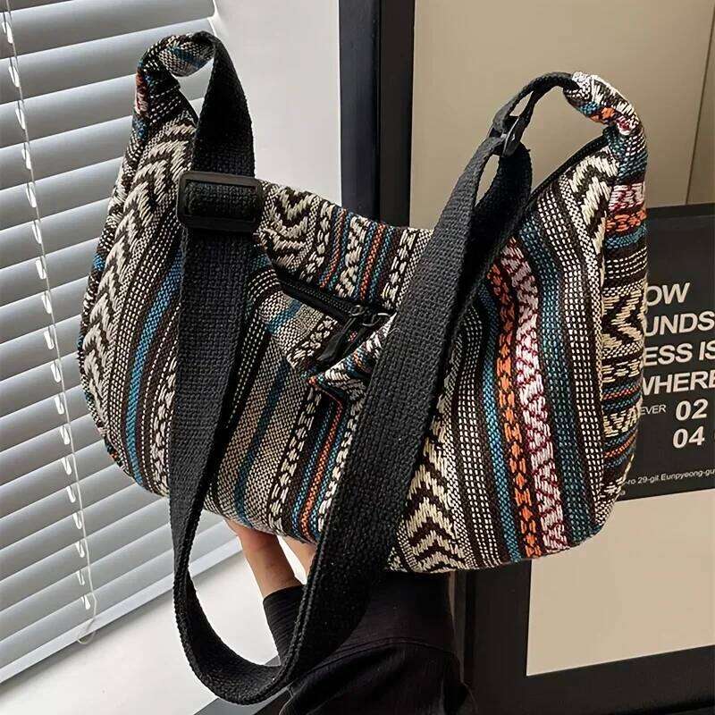 Tribal Style Shoulder Bag, Foldable Crossbody with Zipper Closure, Striped Pattern, Flag Theme Hand Washable Edge Painted Lining Z260207 - view 3