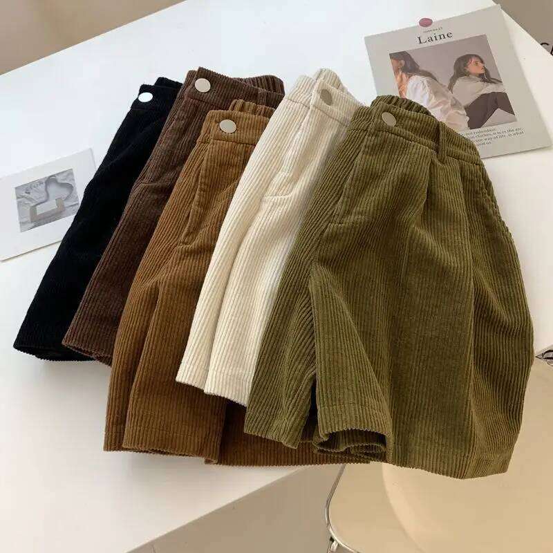 2024 Spring Women Corduroy Large Size Solid Color Elastic Waist Wide Legged Pants High Waisted Appear Thin Loose Casual Shorts XJ260206