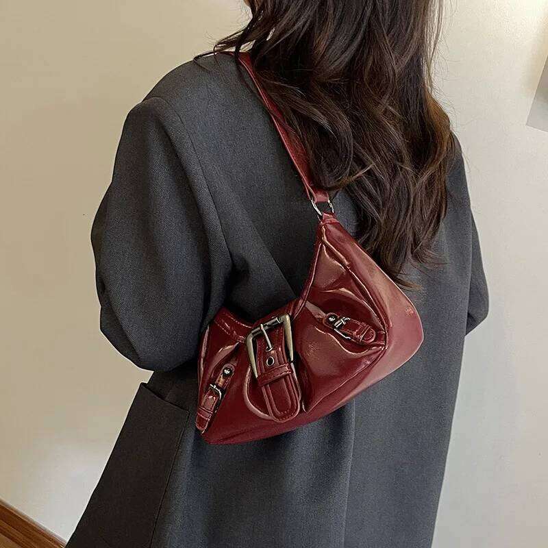 Belt Pleated Design Women PU Leather Shoulder Bags Y2K Style Simple Ladies Underarm Bag Casual Trendy Female Handbags Purse Y260205