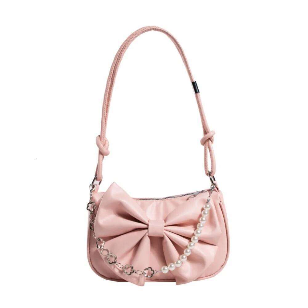 Casual PU Leather Bowknot Shoulder Pearl Solid Color Women Underarm Bag Korean Style Large Capacity Bow Handbag Shopping Y260205