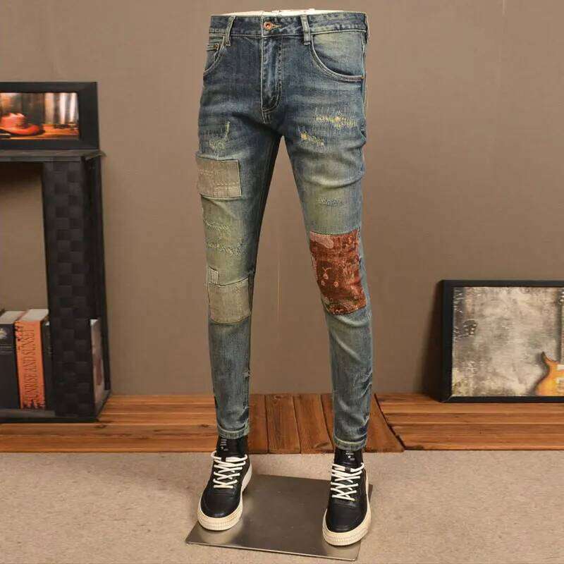 Y2KFashion New Patch Washed NostalgicY2K Stretch Slimming Retro Blue Jeans High Street Hip Hop Italian Pants Hombre X260207 - view 3