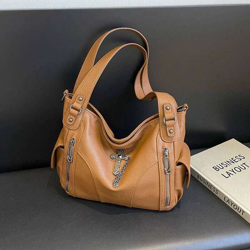 FLYING STARS Brand Tote Hardware Cross Women's Y2K Handbag Vintage PU Leather Large Capacity Women Shoulder Bag Y260205