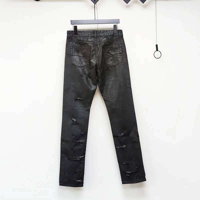 High Street Men's Black Glue Greatly Damages Pants Brush Wax Coating Torn Holes Wash Water Slim Streetwear Fit X260207 - view 3