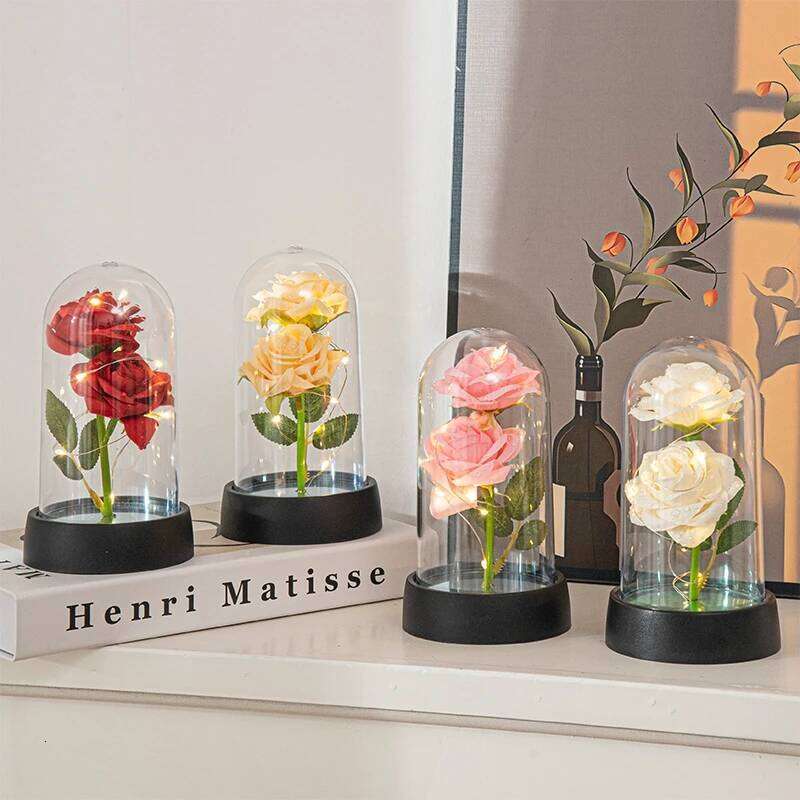 2026 Glowing Galaxy with LED Light Eternal Double Rose Valentine's Day Gifts Wedding Artificial Flower Home Desktop Decor S260204