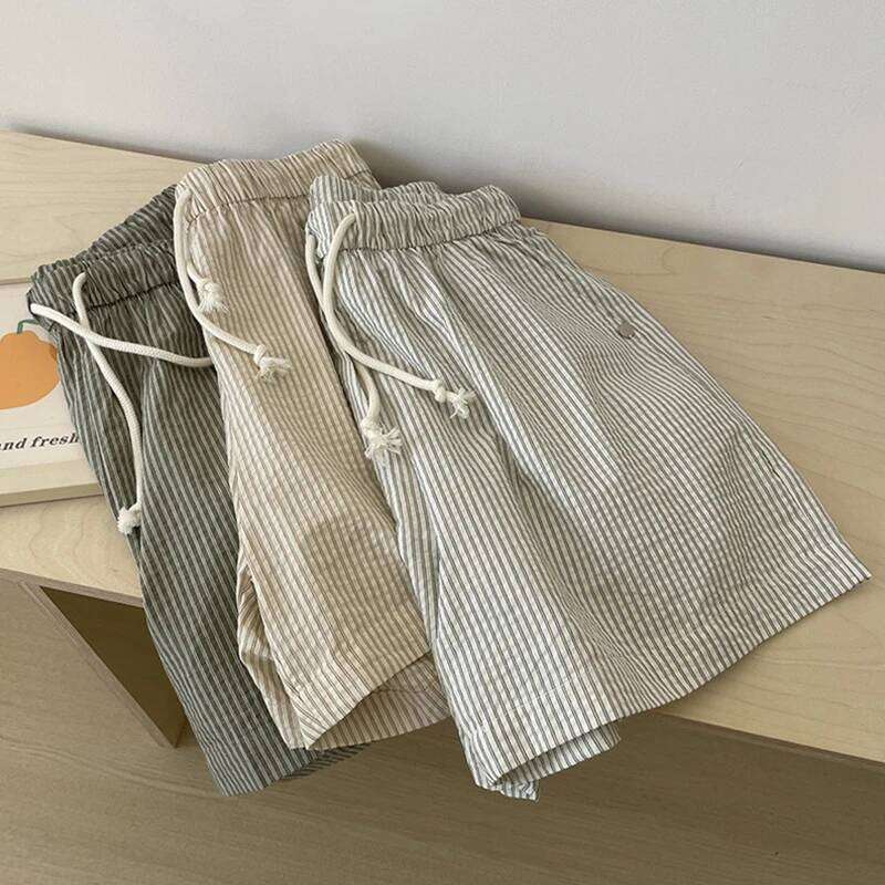 Unisex Summer Shorts Striped Thin Loose Wide Leg Casual Hot Pants Indoor Outdoor Versatile Wear XJ260206
