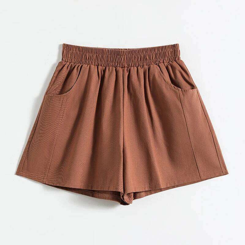 Summer Women's Pockets Elastic Solid Shirring High Waist Casual Sports Loose 5/4 Trousers Fashion Office Lady Vintage Shorts XJ260206