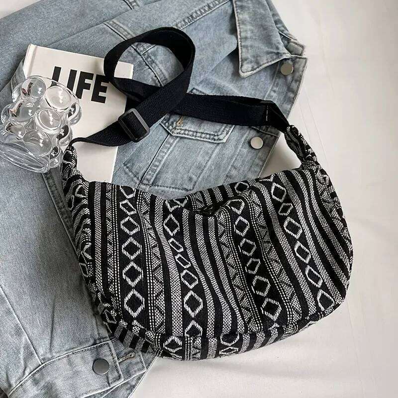 Tribal Style Shoulder Bag, Foldable Crossbody with Zipper Closure, Striped Pattern, Flag Theme Hand Washable Edge Painted Lining Z260207 - view 5