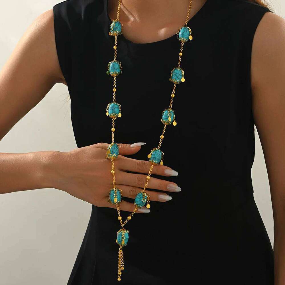 A Blue Oval Pendant Necklace With Ethnic Style Suitable For Formal Banquet Beach Party Or Wedding Dress Yuansiqi