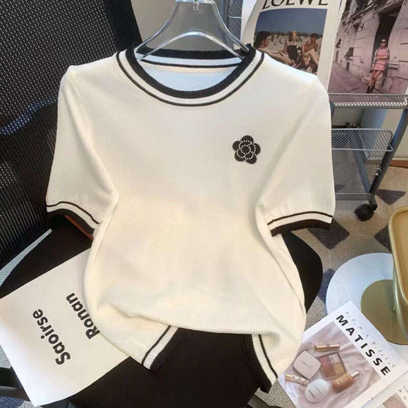 2024 Summer New Style Color-Block Embroidered Cool Silk Knit Shirt For Women Short Sleeve Unique Design Lightweight Versatile Top