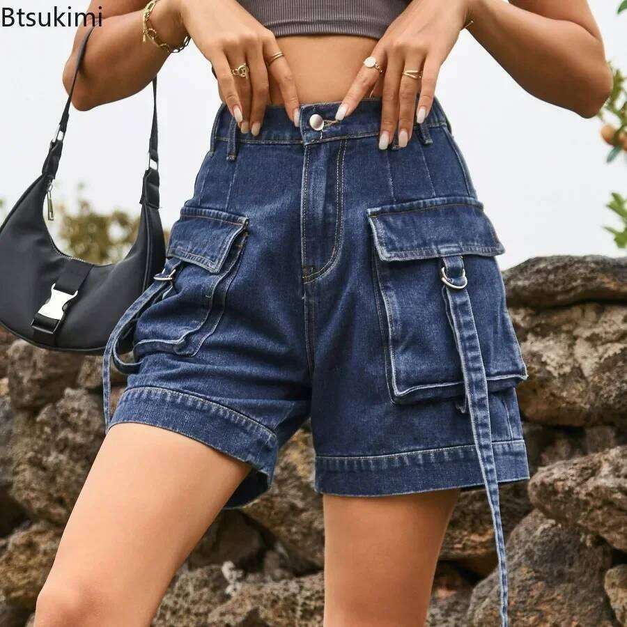 New 2026 Women's Summer Jeans High Waisted Wide Leg Pants Korean Pockets Design Casual Women Denim Shorts XJ260206