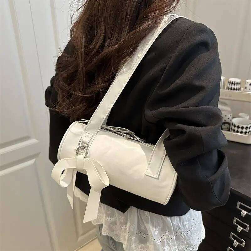 Trendy Cool Bowknot Tubular Cylindrical PU Shoulder Girly Handbag Armpit Bag Women Fashion Design Sense Commuter Bags Gifts Y260205