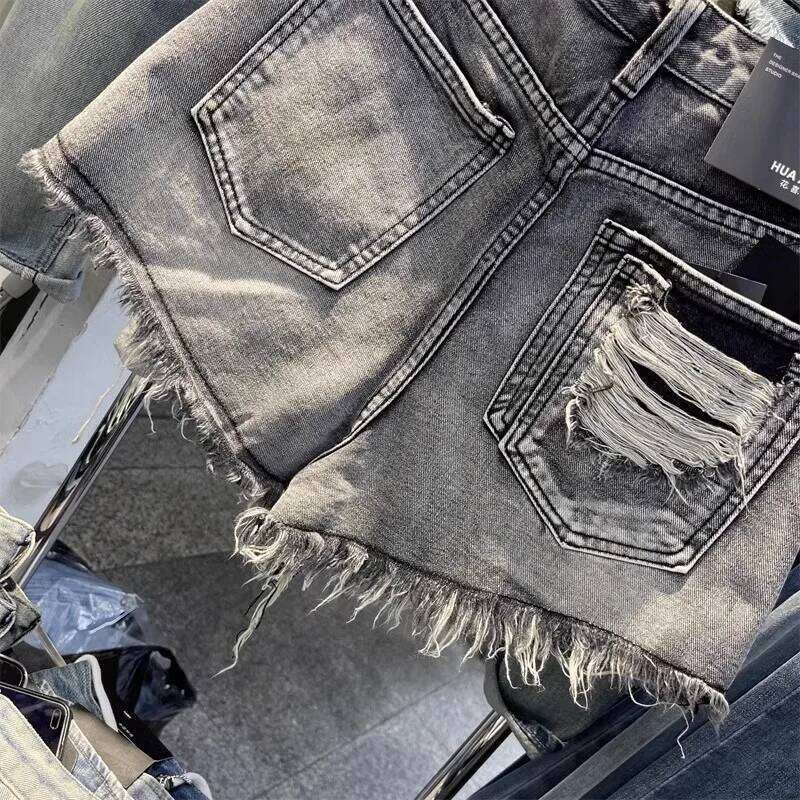 2026 New Black Grey Perforated Ragged Jeans Women High Waist Y2k Hole Ripped Tassel Booty Shorts XJ260206