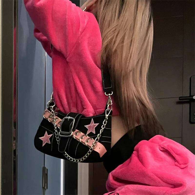 Ladies Y2k French Star Shoulder Pink Cool Hottie Underarm Fashion Hand Sweet Style Kawaii Small Bag Y260205