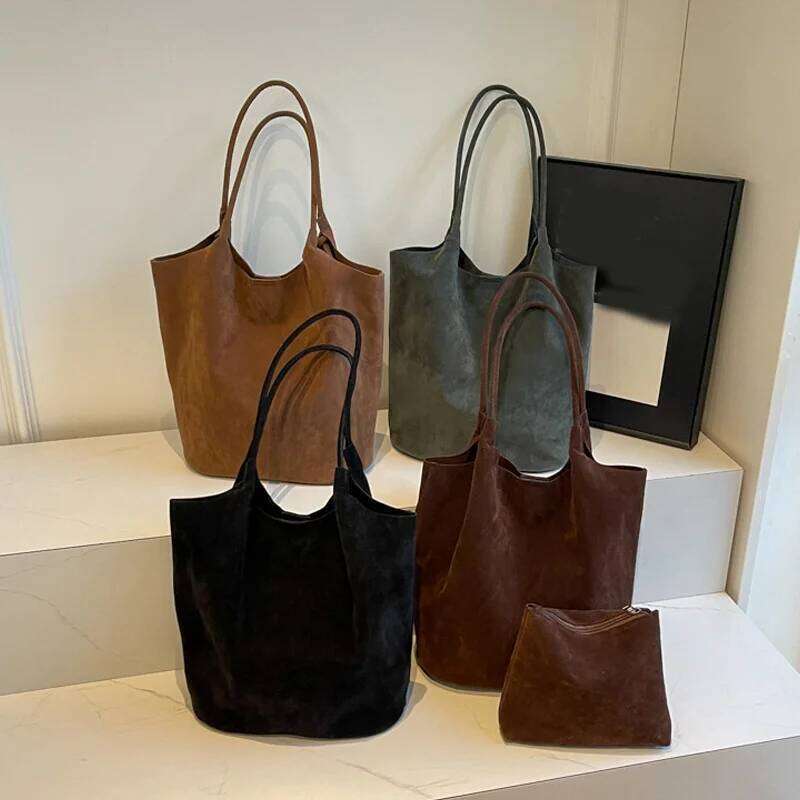 Retro Women's Suede Shoulder Bag New Solid Colors High Capacity Casual Tote Zippered Versatile Sewing Thread for Crafting Z260207 - view 3