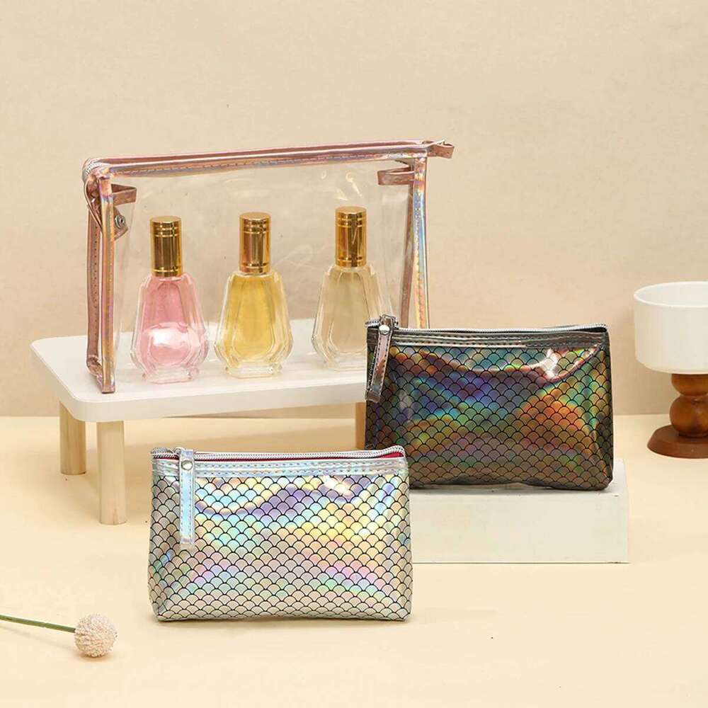 Fashion two-piece waterproof PVC cosmetic Laser fish scale transparent storage beauty Multi functional makeup bag Y260206