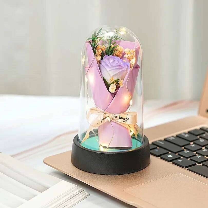 Everlasting Rose LED Glass Dome Bouquet Illuminated Ornament Perfect Valentine's Day Christmas Home Decor Romantic Gift S260204