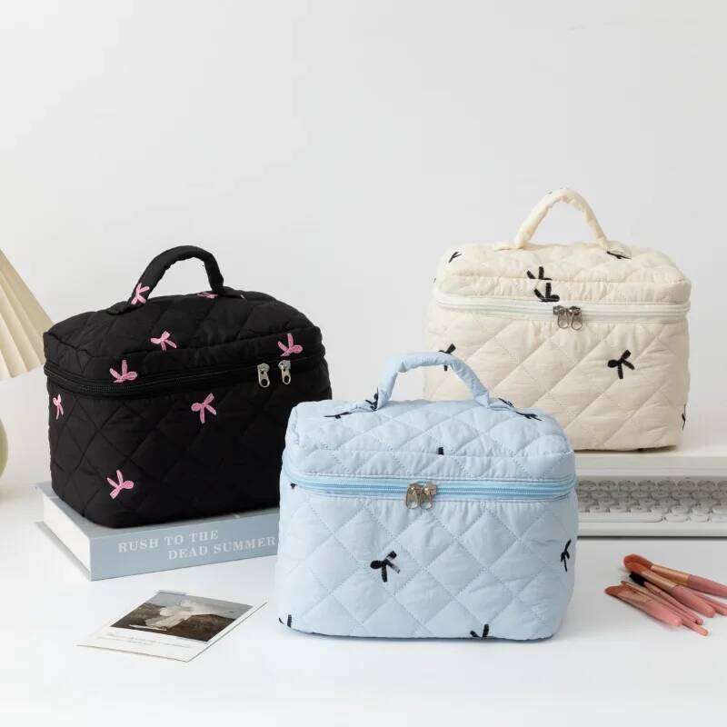 1pc Black Quilted Bow Makeup Case Zipper Portable Travel Storage Make Up Bag for Women Girl Y260206