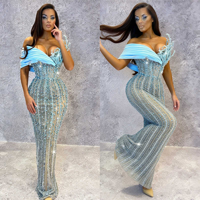 Sparkly One Shoulder Prom Dresses Sexy Sleeveless Floor Length Evening Dress Customized Beaded Floor Length Party Gown