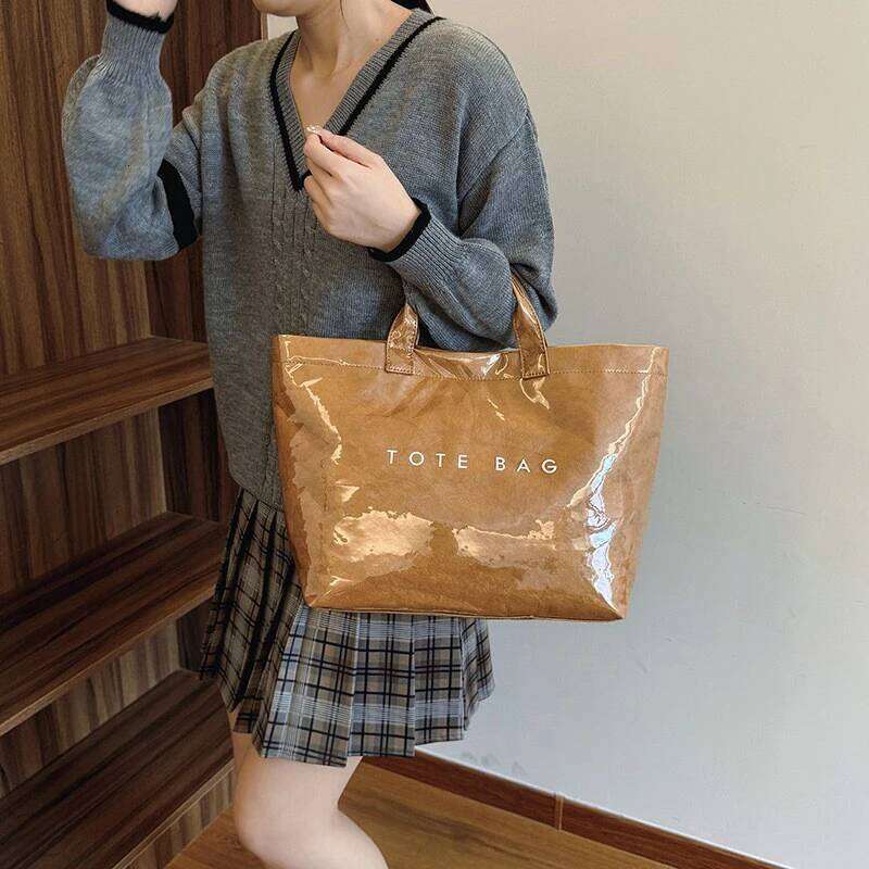 Solid Color Tote Bag,PVC Kraft Paper Large Capacity Hobo Handbag,Women Casual Shopping Letter Print Top Handle luxury Hand Bags Z260207 - view 5
