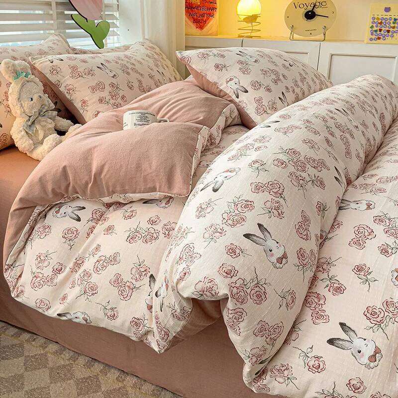 Small Zhu four-piece set of small fresh washed cotton bed sheet and quilt cover XJ260206