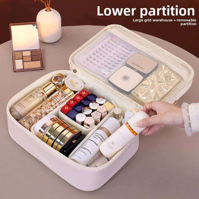 Double Layer Handheld PU Leather Makeup Bag Large Capacity Travel Cosmetic Organizer Toiletry Pouch for Beauty Tools Women Y260206