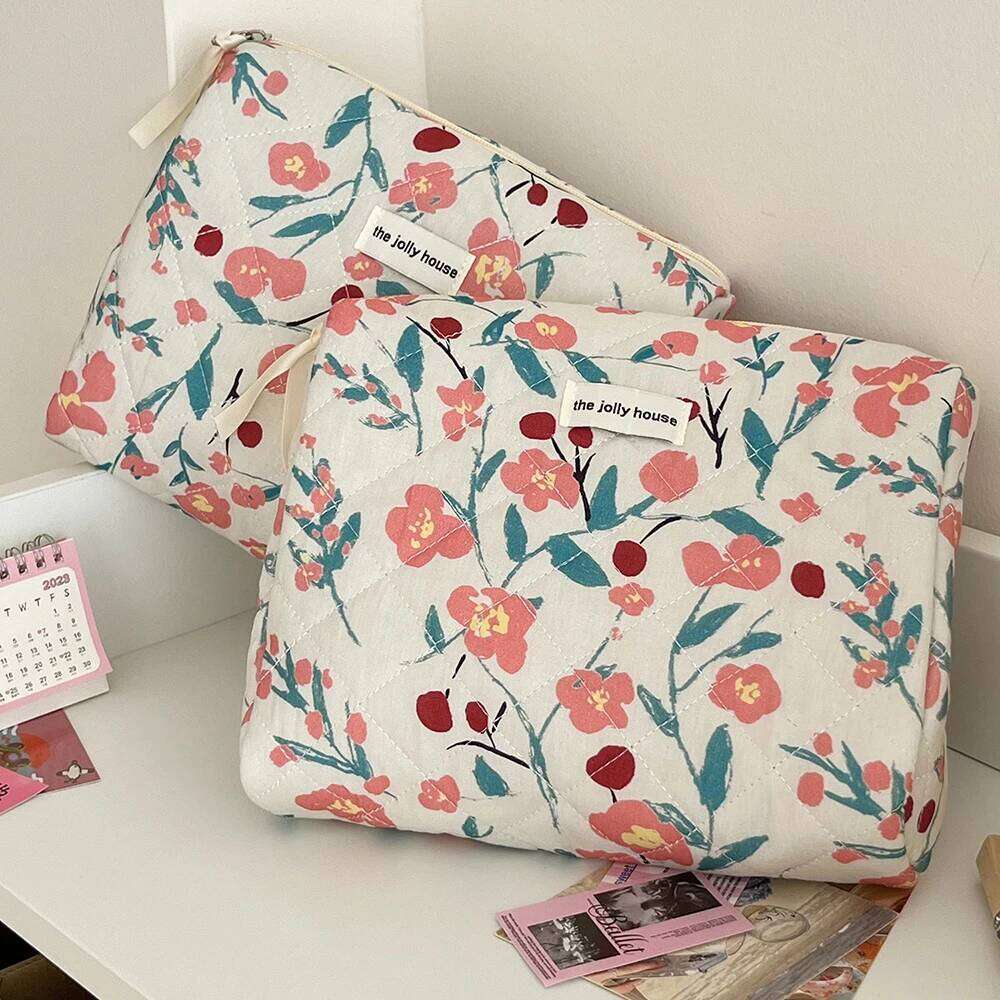 Fashion Flower Quilting Women's Cosmetic Portable Tote Cotton Makeup Storage Pouch Cute Toiletry Make Up Travel Bag For Gift Y260206