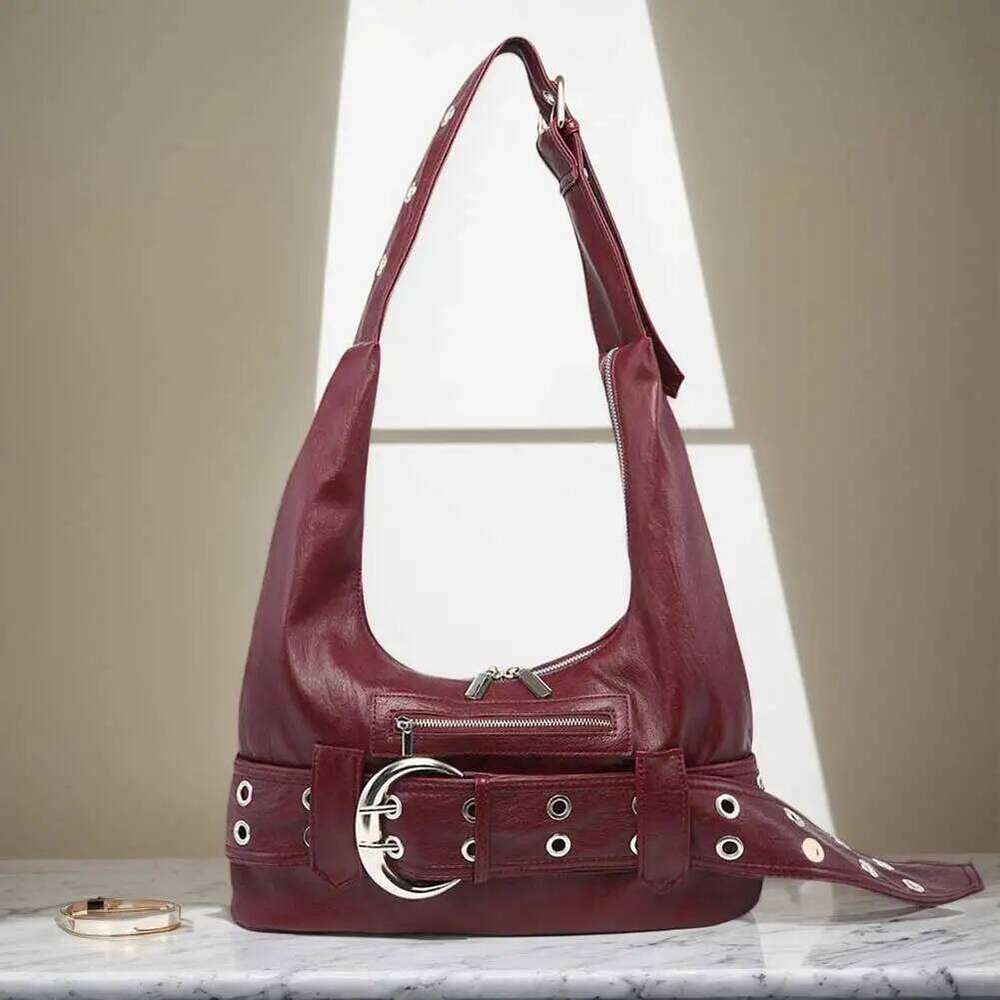 PU Leather Vintage Shoulder Adjustable Strap Y2k Tote Belt buckle Trendy Motorcycle Bag Commute Travel Shopping Handbag Z260207 - view 7