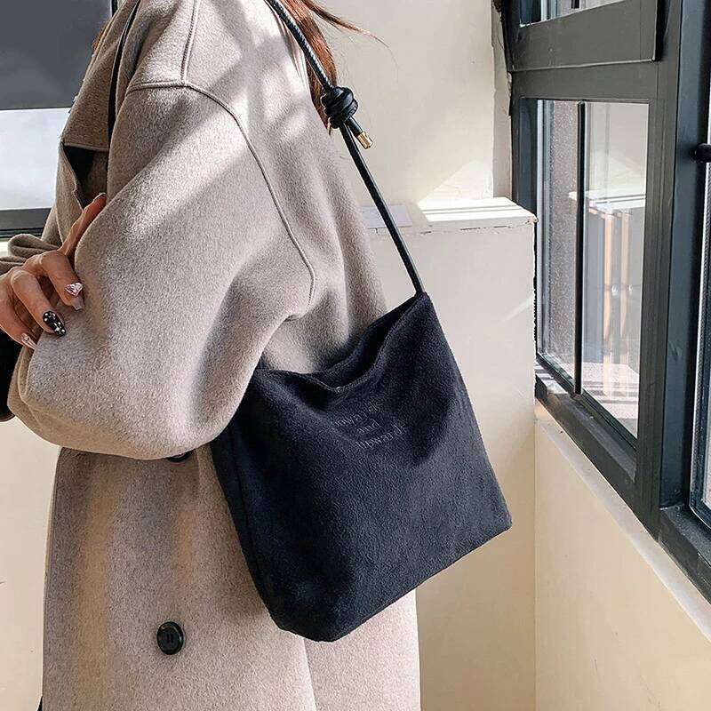Large Capacity Women's Suede Handbag with Letter Pattern Magnetic Buckle Velvet PU Underarm Bag Retro Korean Style Y260204