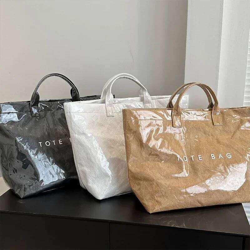 Solid Color Tote Bag,PVC Kraft Paper Large Capacity Hobo Handbag,Women Casual Shopping Letter Print Top Handle luxury Hand Bags Z260207 - view 3