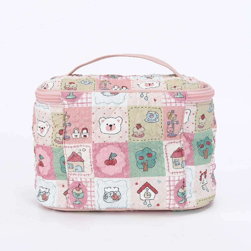 Sweet makeup bag, cute new style checkered cat portable partitioned storage, large capacity for travel and hand-carry toiletries Y260206