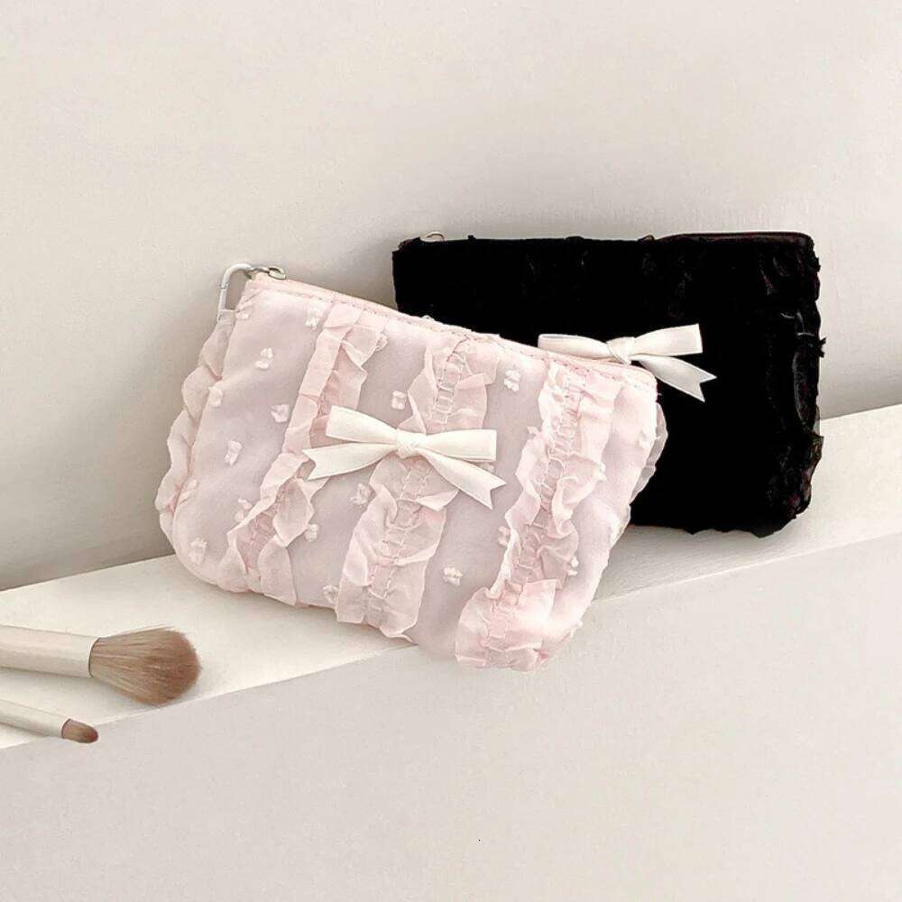 Cute Women Makeup Mini Korean Lace Bow Portable Coin Purse Small Pouch Handbag Kawaii Female Cosmetic Storage Zipper Bag Y260206