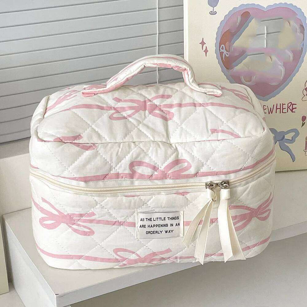 Pink Bowknot Women's Makeup Portable Tote Quilting Cosmetic Storage Pouch Handbag Make Up Large Cpapcity Zipper Mini Bag Y260206