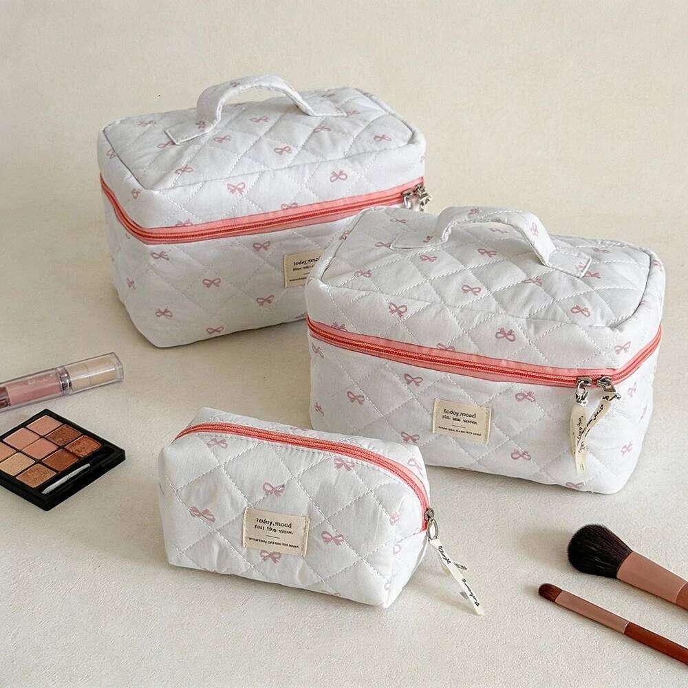 Airfriend With Bows Large Soft Toiletries Cotton Cosmetic Quilted Woman Makeup Bag Travel Pouch Y260206