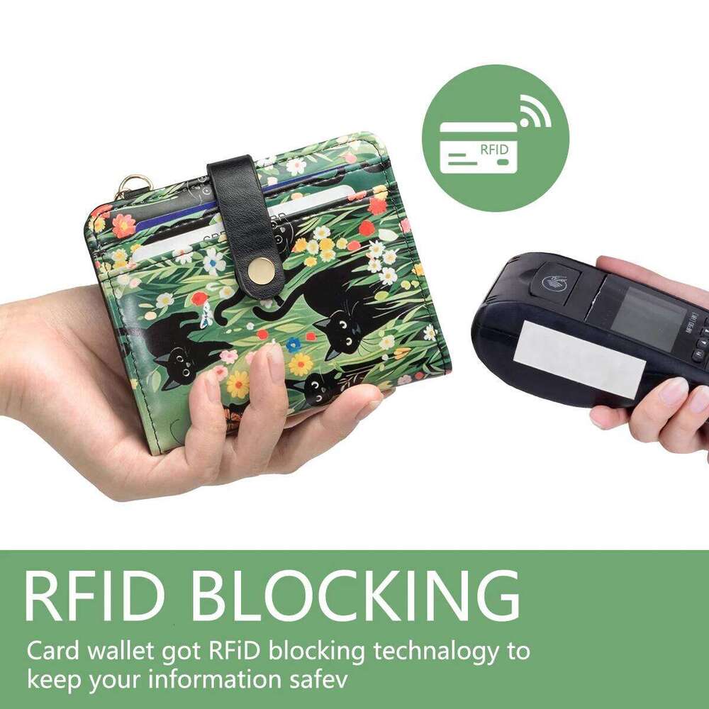 Black Cat Flower Pattern Rfid Women's Wallet, Ultra-Thin Compact Credit Wallet with Key Chain, Pu Leather Folded Zipper Coin Bag Id Card Transpar