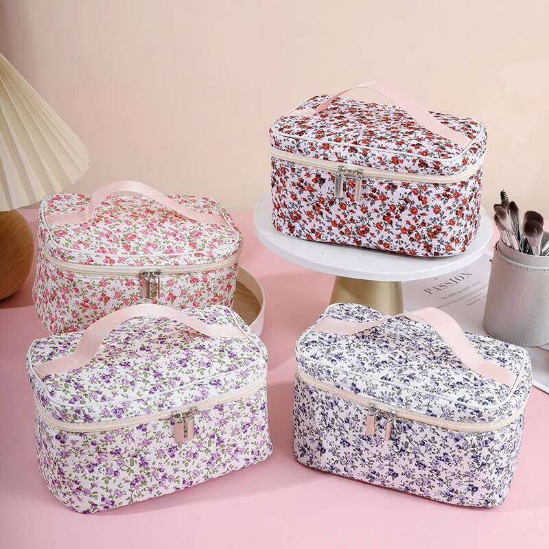 Women's Fashion Floral Square Makeup Storage Portable Toiletry Cosmetic Pouch Handbag With Handle Ladies Zipper Clutch Bag Y260206