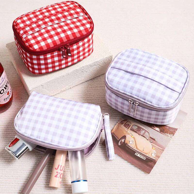Cute Red Purple Plaid Handbag Zipper Travel Portable Cushion Case & Makeup Pouch Small Large Toiletry Cosmetic Bag for Women Y260206